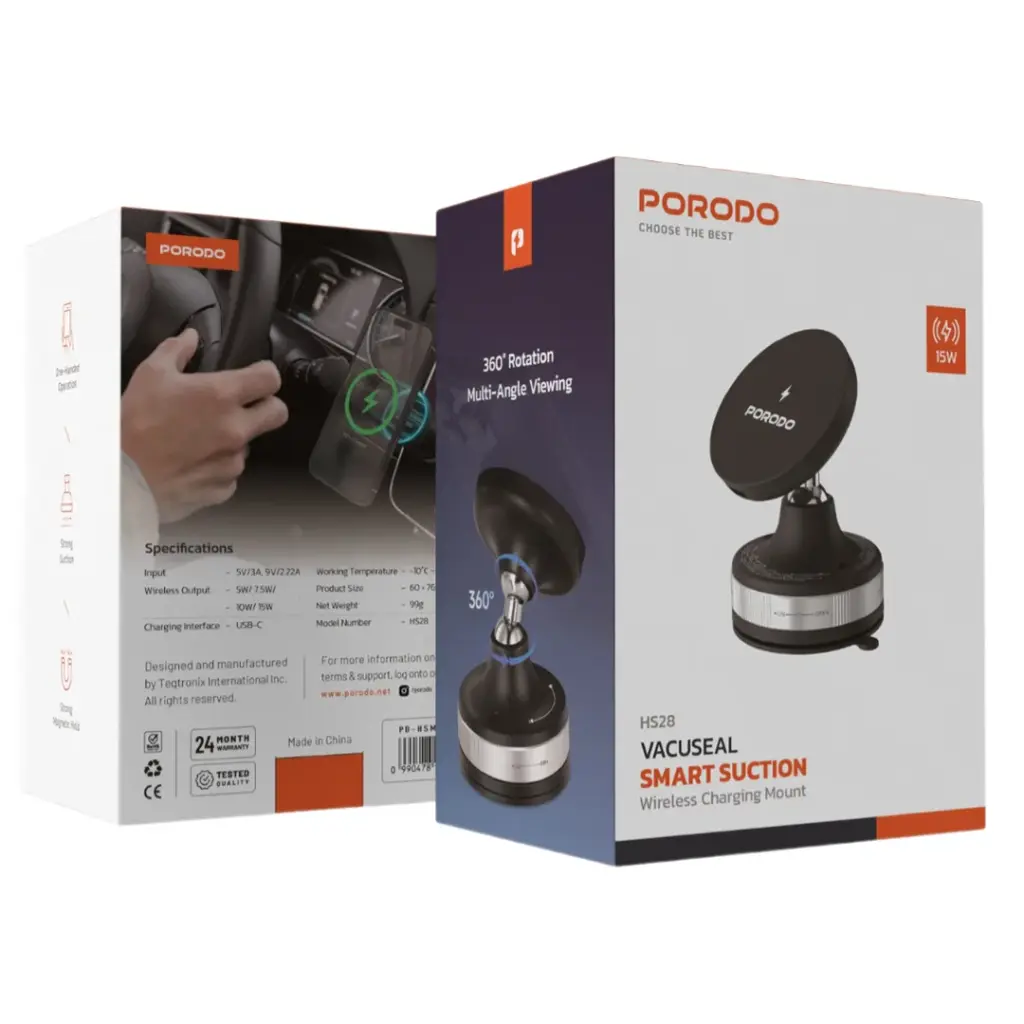 PORODO VACUSEAL VACUUM SUCTION WIRELESS CHARGING MOUNT BLACK PD-HSM28-BK thumbnail 2