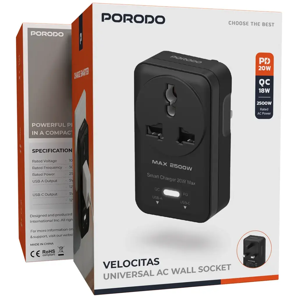 PORODO VELOCITAS UNIVERSAL AC WALL SOCKET BLACK PDUKAUN01DBK thumbnail 2