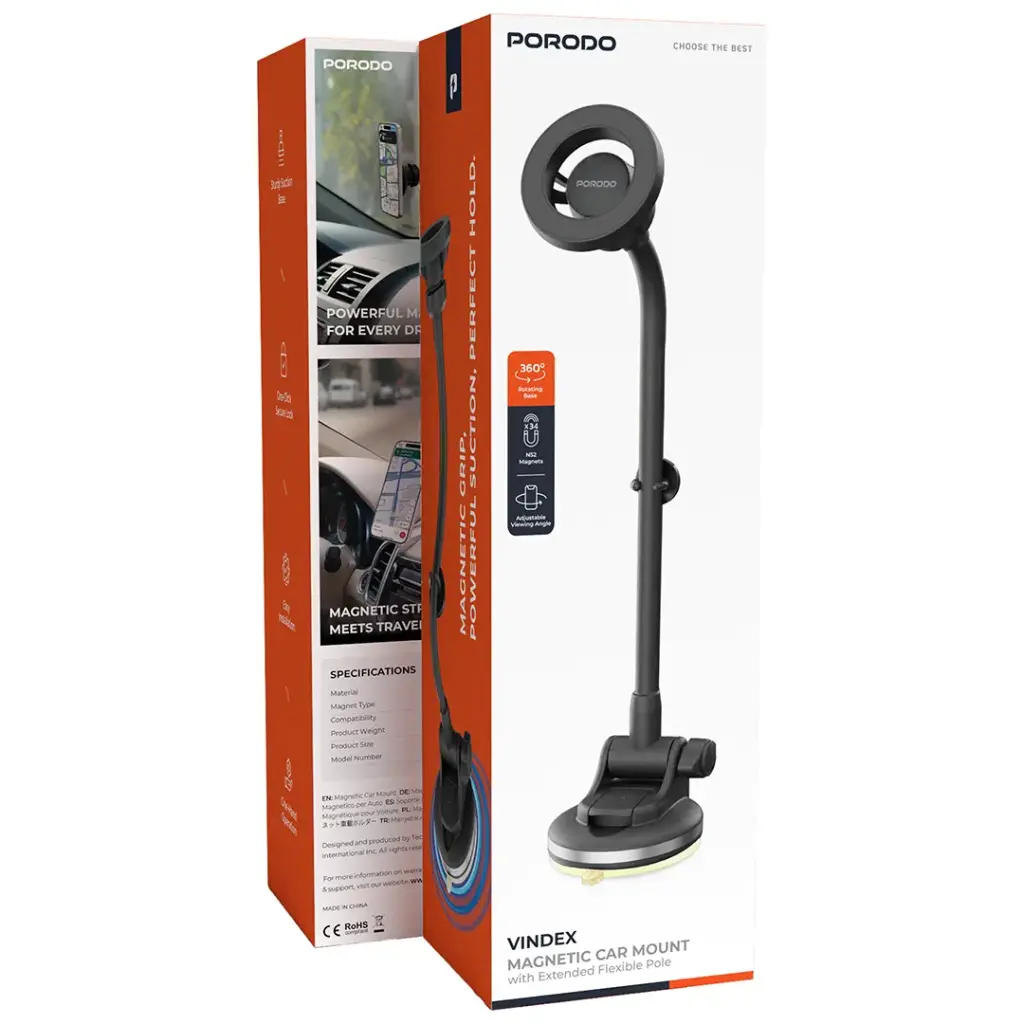 PORODO VINDEX MAGNETIC CAR MOUNT WITH EXTENDED FLEXIBLE POLE BLACK PDMCPH68BK thumbnail 2