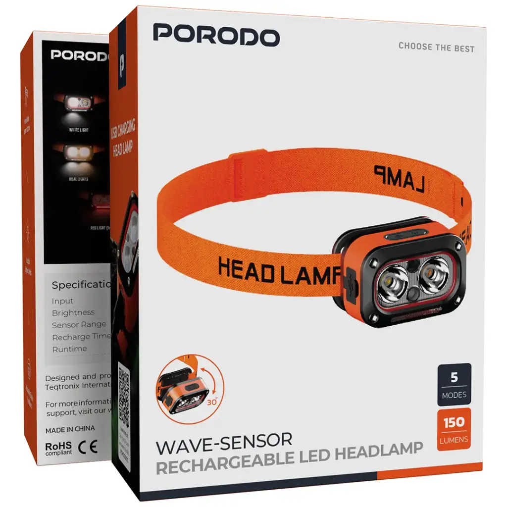 PORODO WAVE SENSOR RECHARGEABLE LED HEADLAMP ORANGE PDHDG08OG thumbnail 3