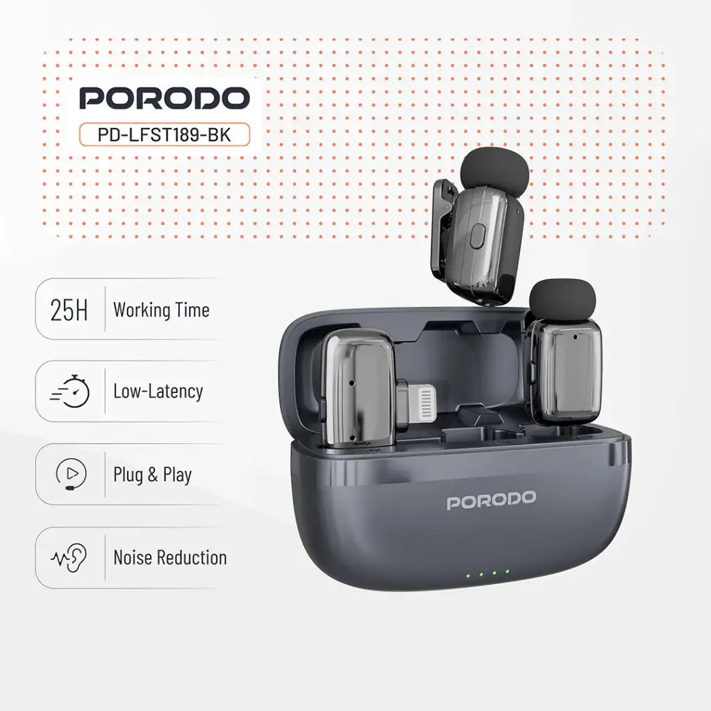PORODO WIRELESS LAVALIER MICROPHONE USB C CONNECTOR NOISE REDUCTION BLACK PD-LFST189-BK thumbnail 4