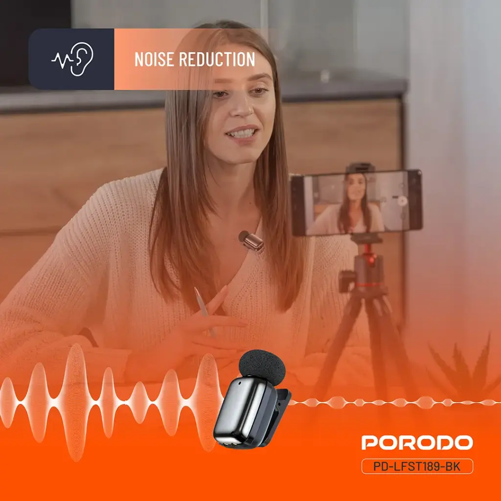 PORODO WIRELESS LAVALIER MICROPHONE LIGHTNING CONNECTOR NOISE REDUCTION BLACK PD-LFST189-BK thumbnail 5