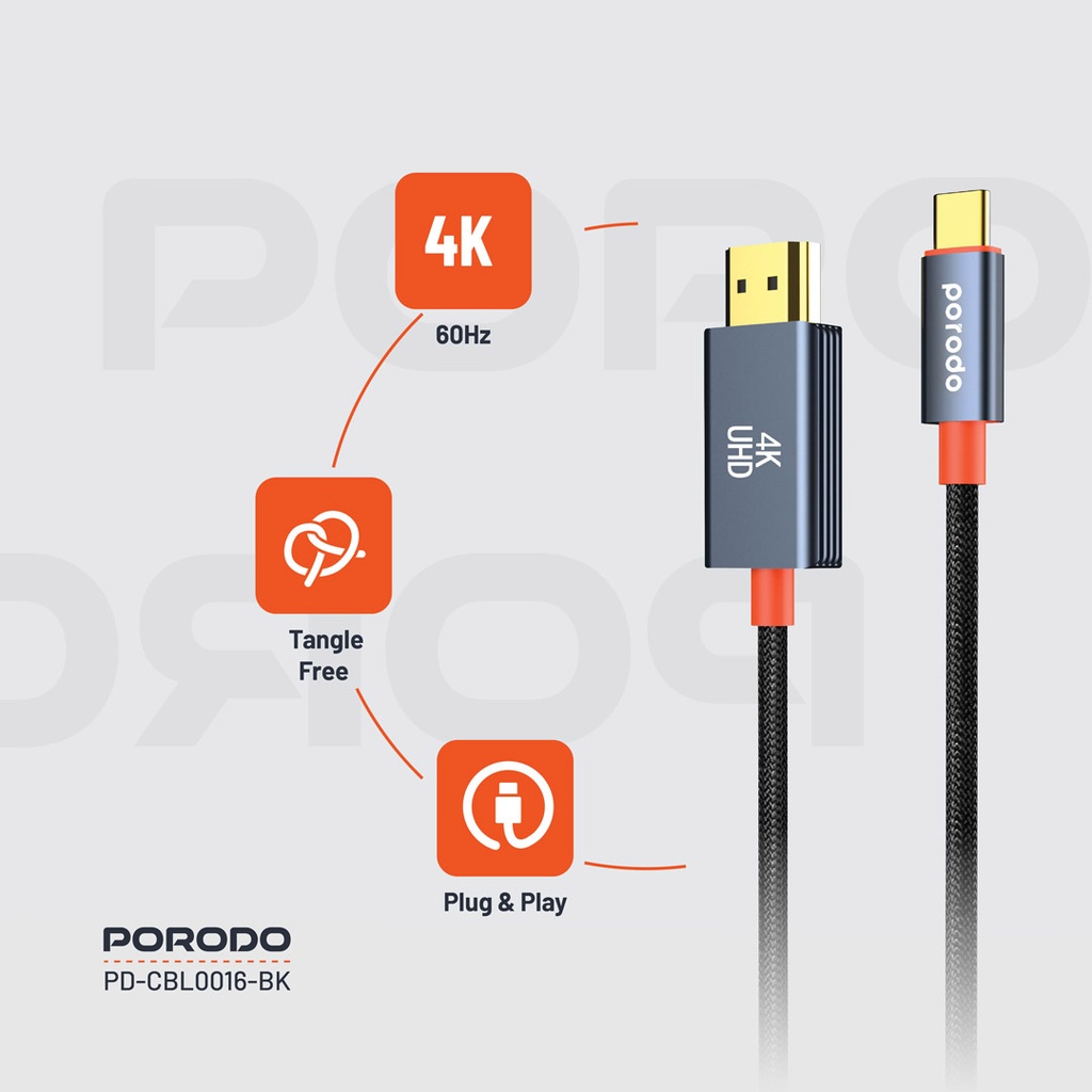 PORODO WOVEN BRAIDED TYPE C HDMI CABLE BLACK ORANGE 2M PD-CBL0016-BK thumbnail 8