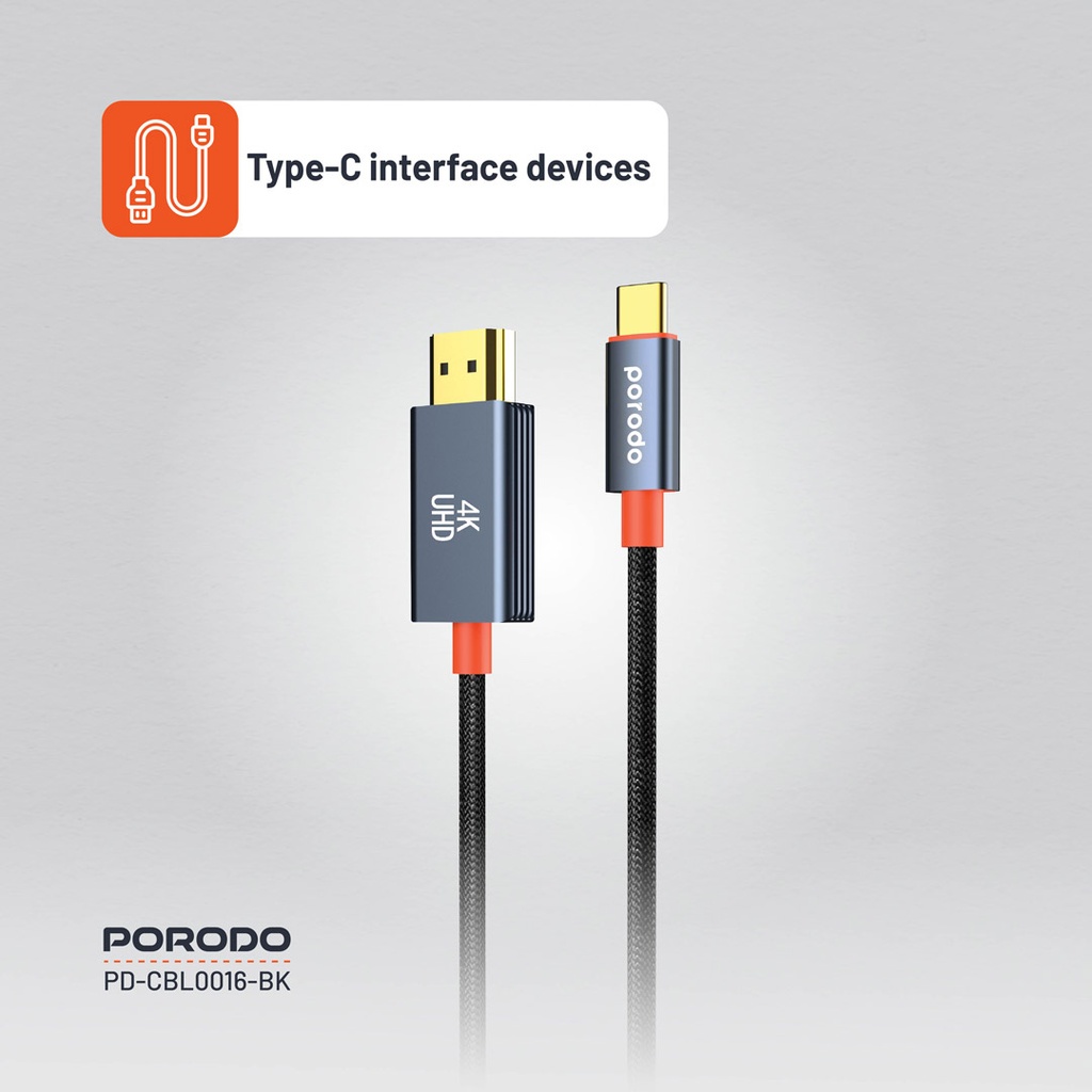 PORODO WOVEN BRAIDED TYPE C HDMI CABLE BLACK ORANGE 2M PD-CBL0016-BK thumbnail 7