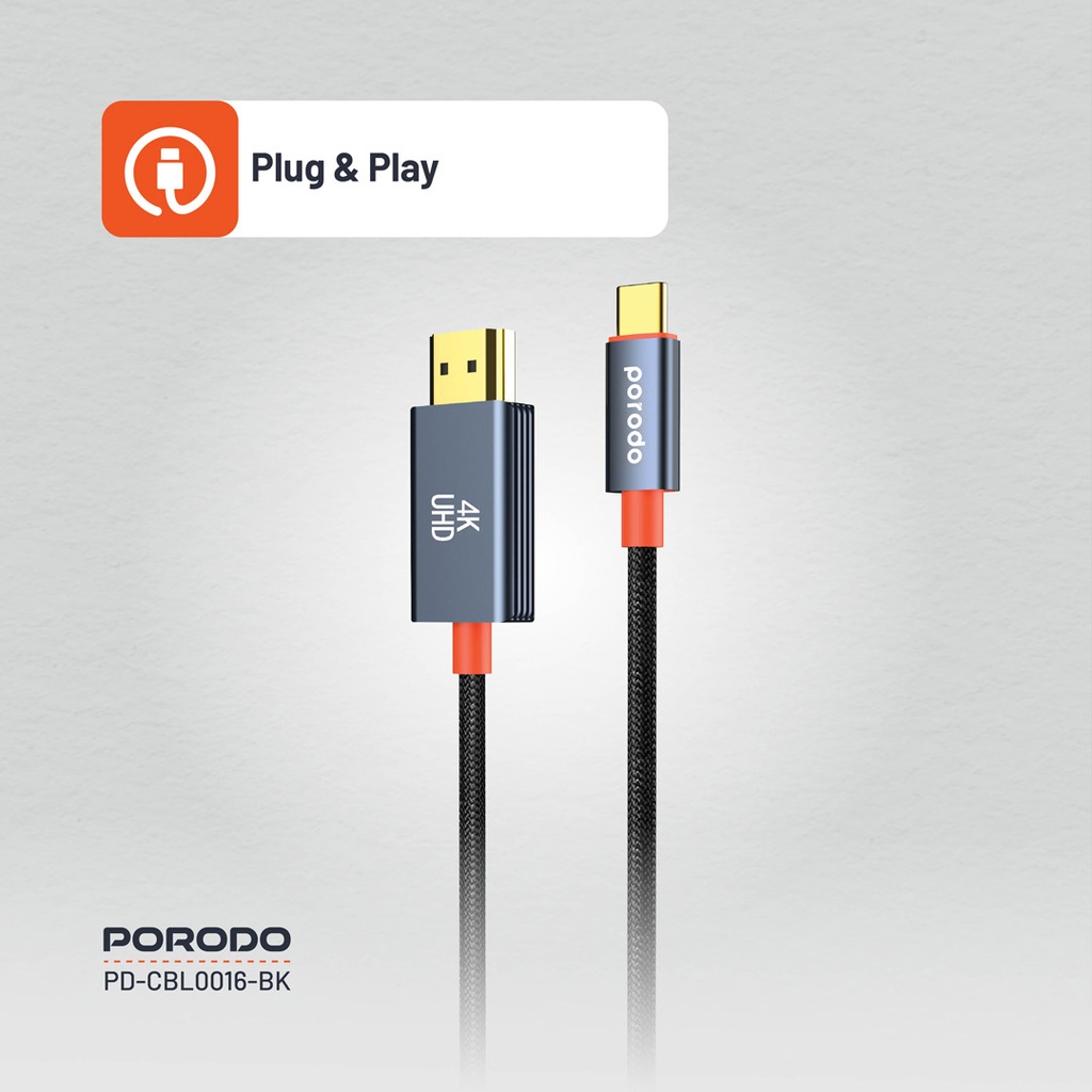PORODO WOVEN BRAIDED TYPE C HDMI CABLE BLACK ORANGE 2M PD-CBL0016-BK thumbnail 5