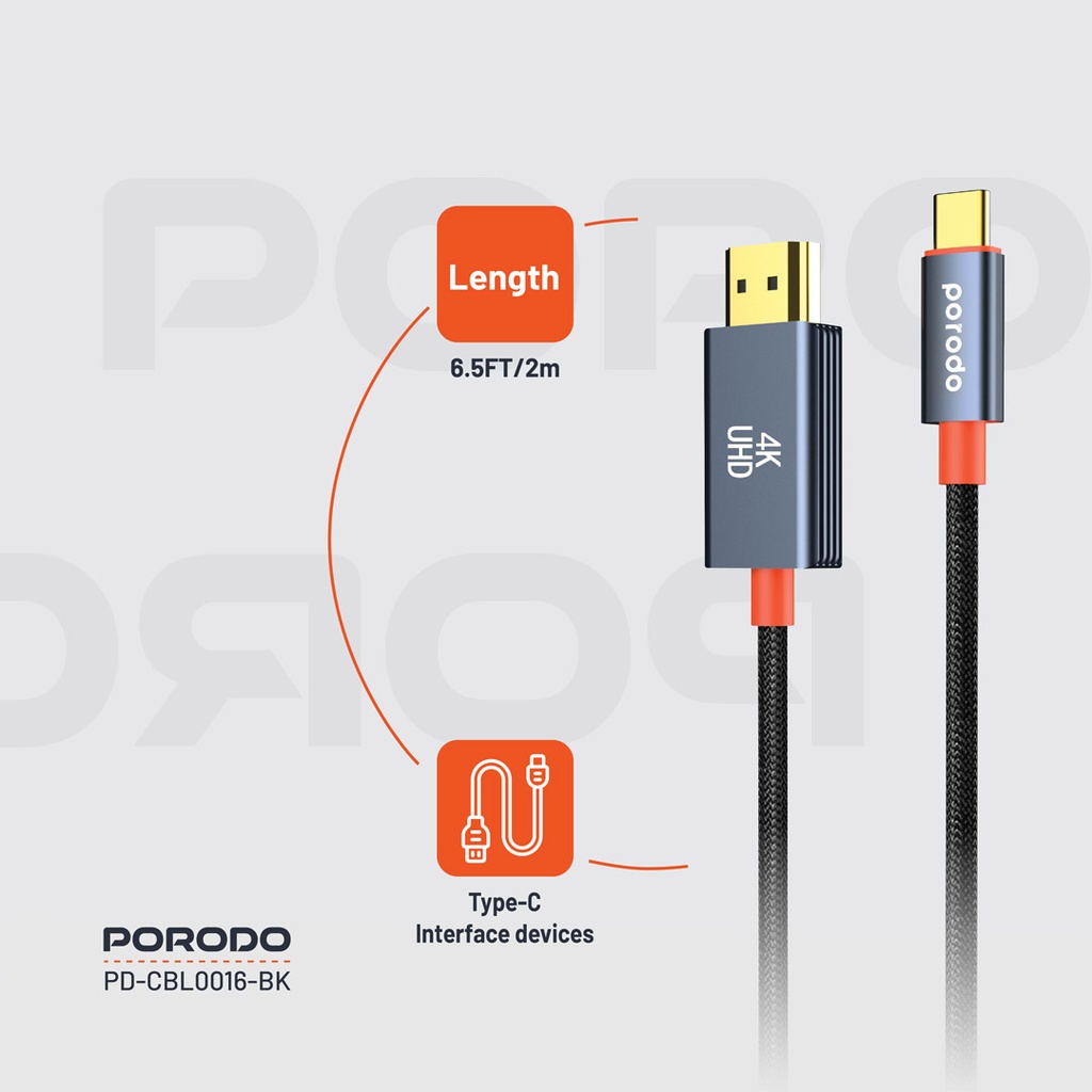 PORODO WOVEN BRAIDED TYPE C HDMI CABLE BLACK ORANGE 2M PD-CBL0016-BK thumbnail 4