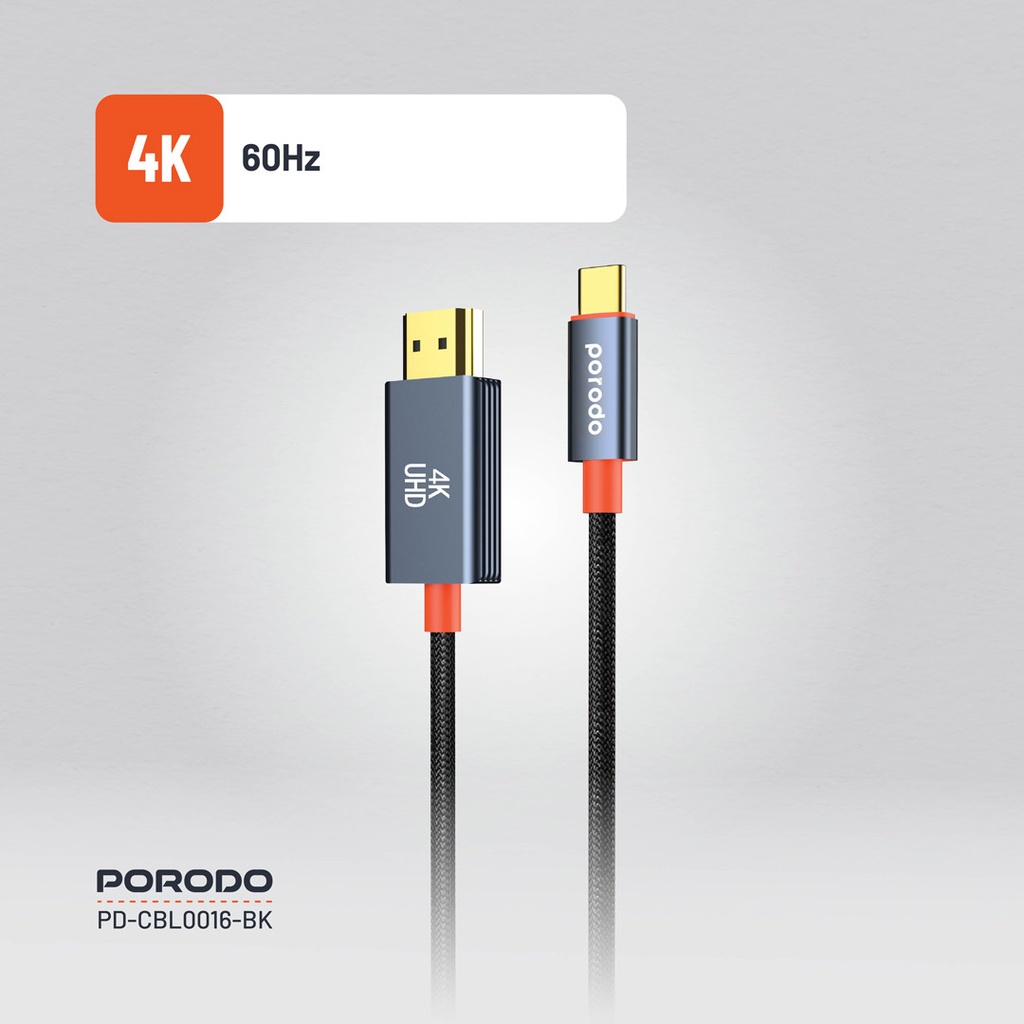 PORODO WOVEN BRAIDED TYPE C HDMI CABLE BLACK ORANGE 2M PD-CBL0016-BK thumbnail 3
