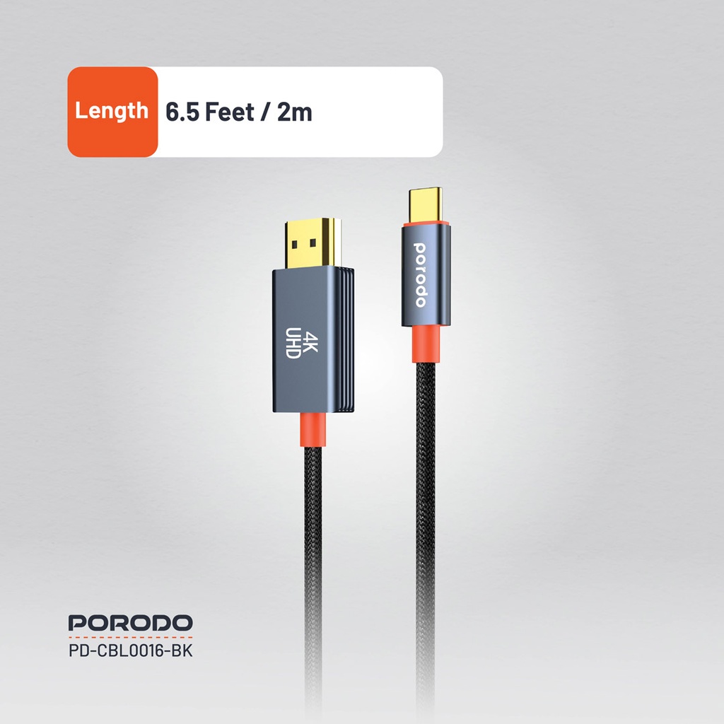 PORODO WOVEN BRAIDED TYPE C HDMI CABLE BLACK ORANGE 2M PD-CBL0016-BK thumbnail 2