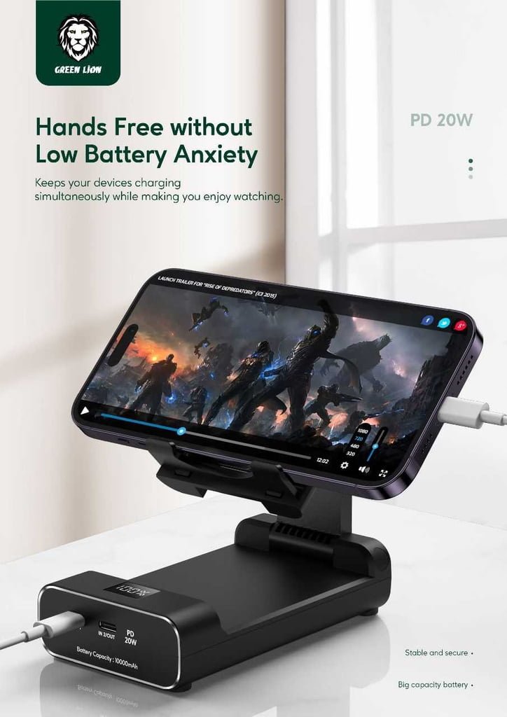 GREEN LION POWER BANK 10000MAH & FOLDABLE MOBILE STAND BLACK GNFLDPBSTBK thumbnail 2