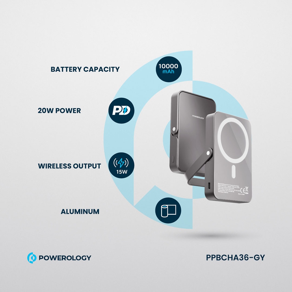 POWEROLOGY 10000MAH GLASS SURFACE MAGSAFE POWERBANK GREY PPBCHA36-GY thumbnail 2