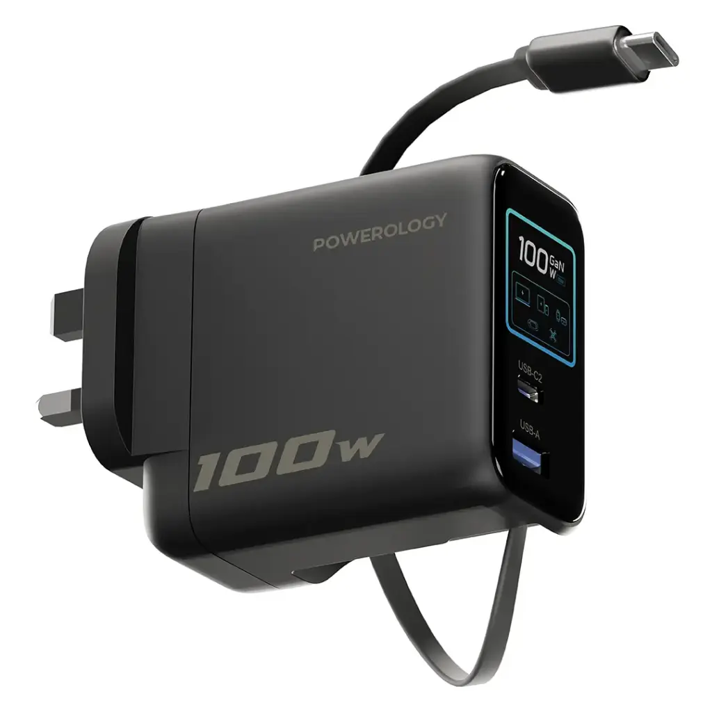 POWEROLOGY 100W AI TFT ADAPTER RETRACTABLE TYPE C CABLE BLACK PWCUQC100WBK thumbnail 2