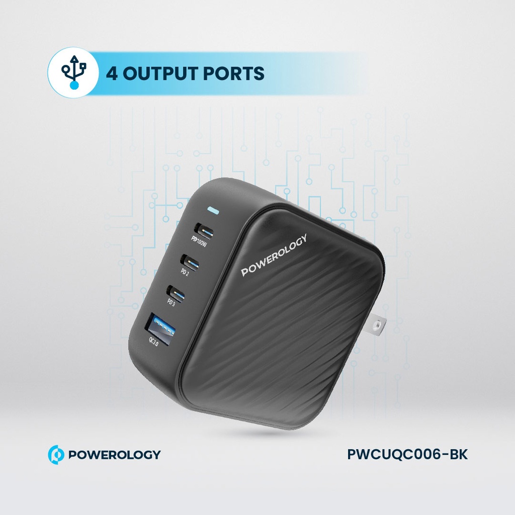 POWEROLOGY TRIPLE PD GAN CHARGER PD100W USB A TO QC 3.0 BLACK thumbnail 4