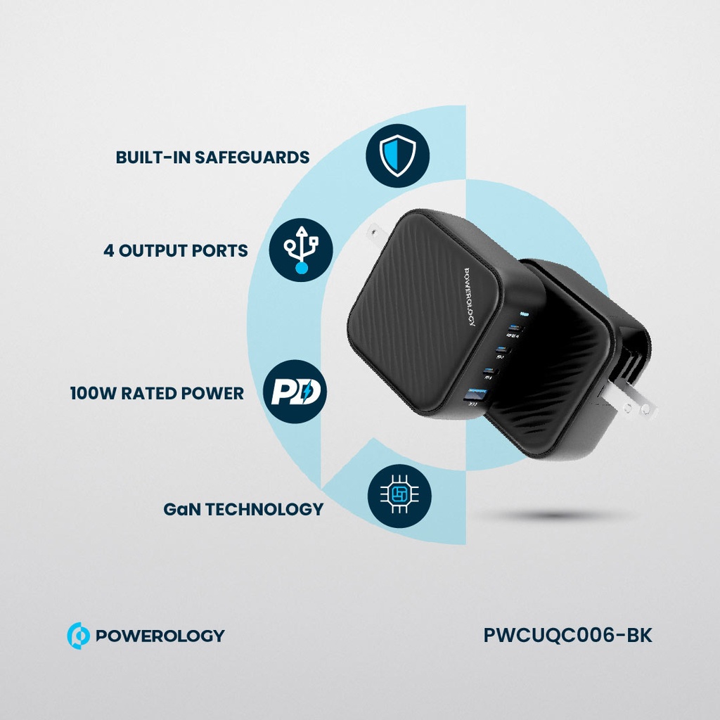 POWEROLOGY TRIPLE PD GAN CHARGER PD100W USB A TO QC 3.0 BLACK thumbnail 2