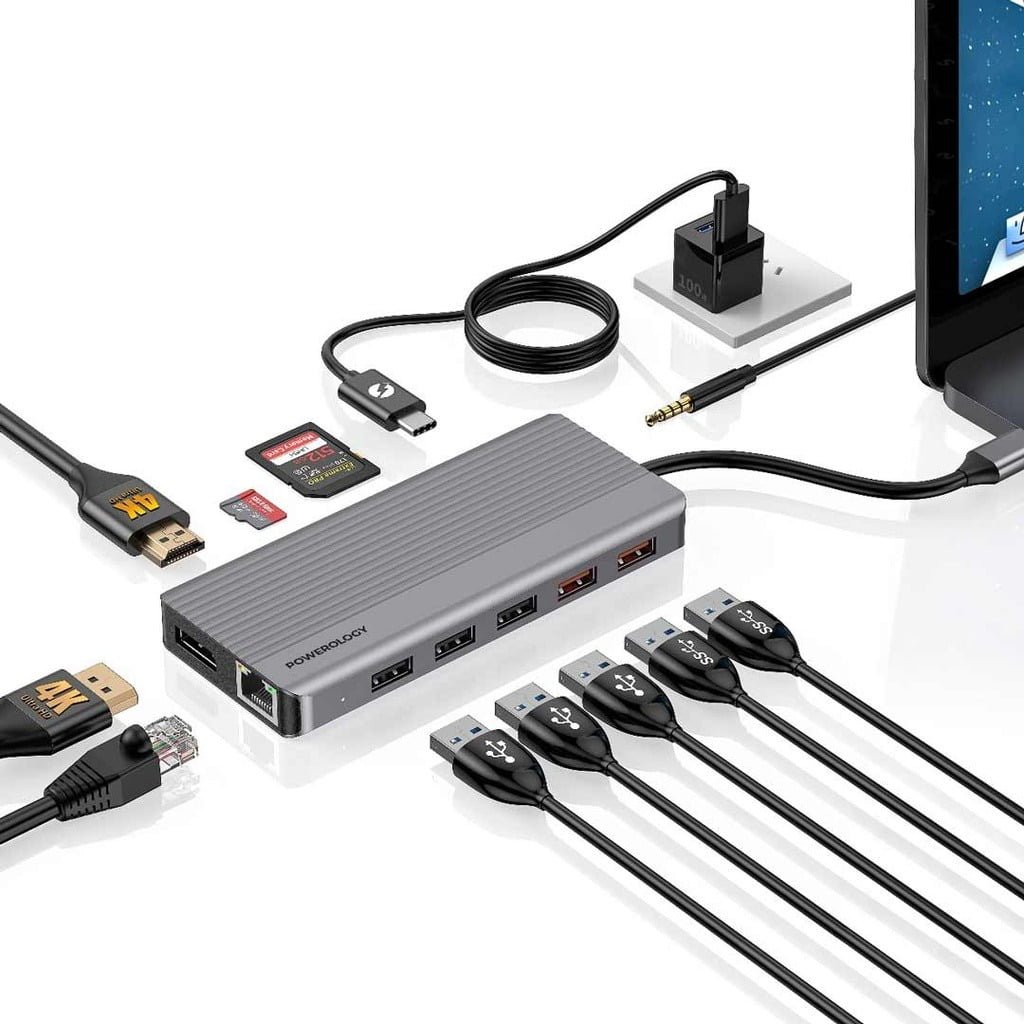 POWEROLOGY 12 IN 1 USB C HUB HDMI TYPE C 100W PD ETHERNET VGA USB SD MICRO SD 3.5 AUX
