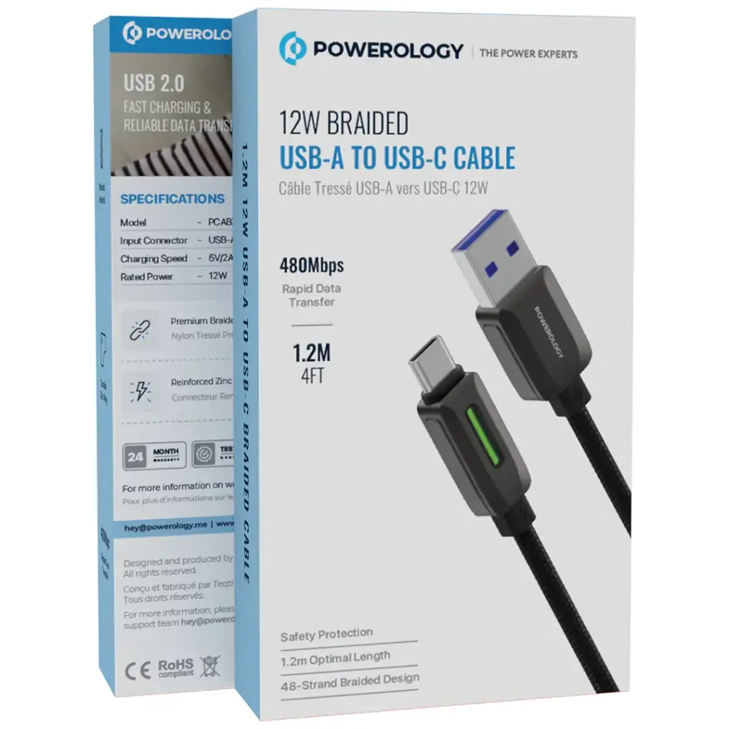 POWEROLOGY 12W BRAIDED USB A TO USB C CABLE BLACK PCABXGH122BK thumbnail 3