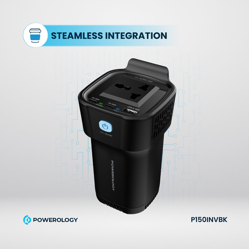 POWEROLOGY POWER INVERTER CUP HOLDER 150W 30 PD DUAL USB C & USB A QC3.0 BLACK P150INVBK thumbnail 6