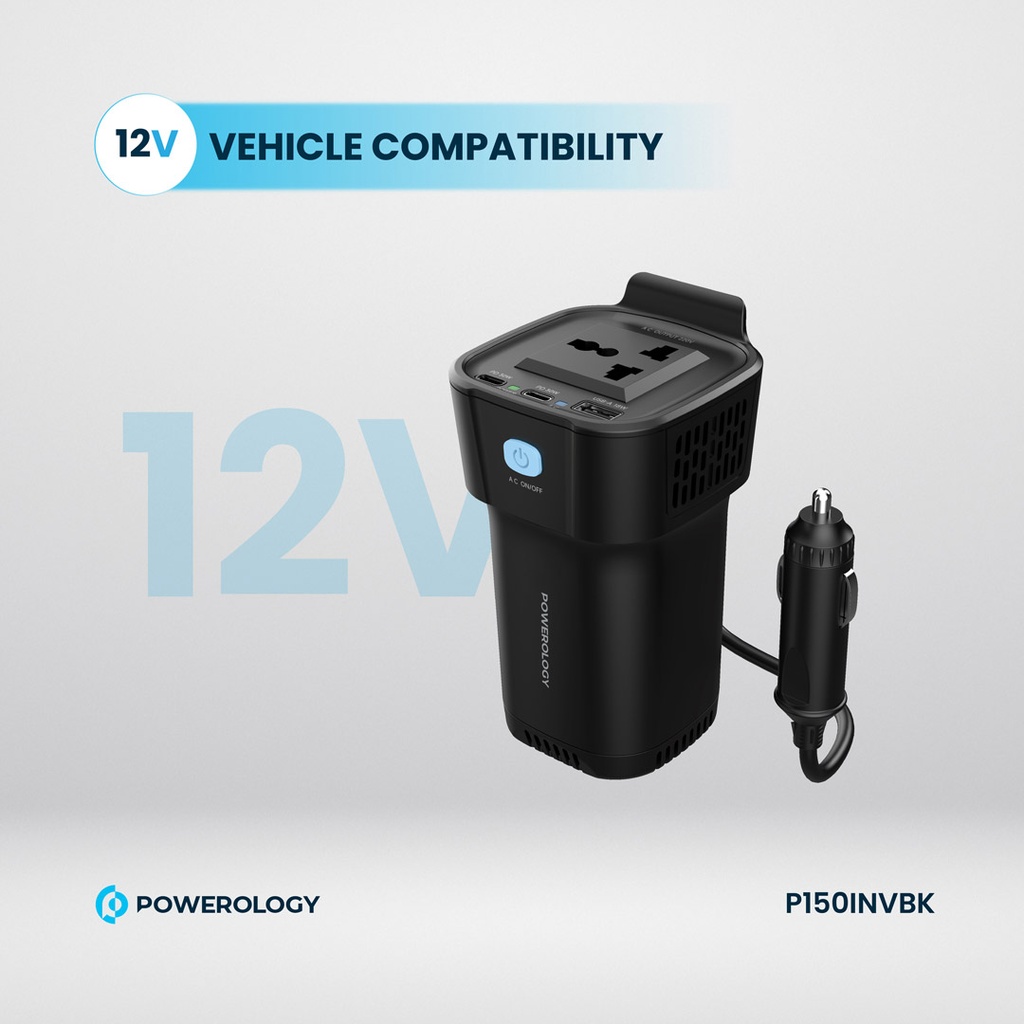 POWEROLOGY POWER INVERTER CUP HOLDER 150W 30 PD DUAL USB C & USB A QC3.0 BLACK P150INVBK thumbnail 5