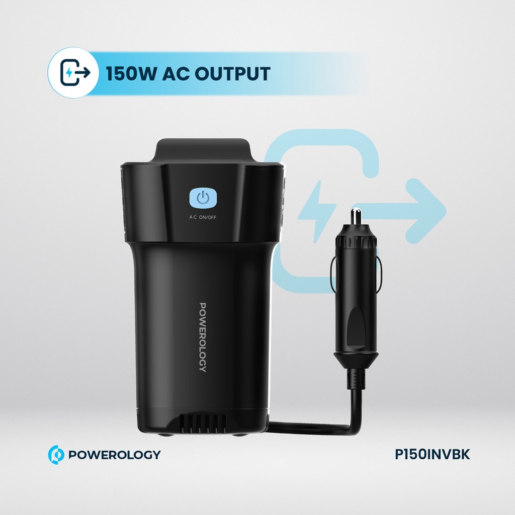 POWEROLOGY POWER INVERTER CUP HOLDER 150W 30 PD DUAL USB C & USB A QC3.0 BLACK P150INVBK thumbnail 4
