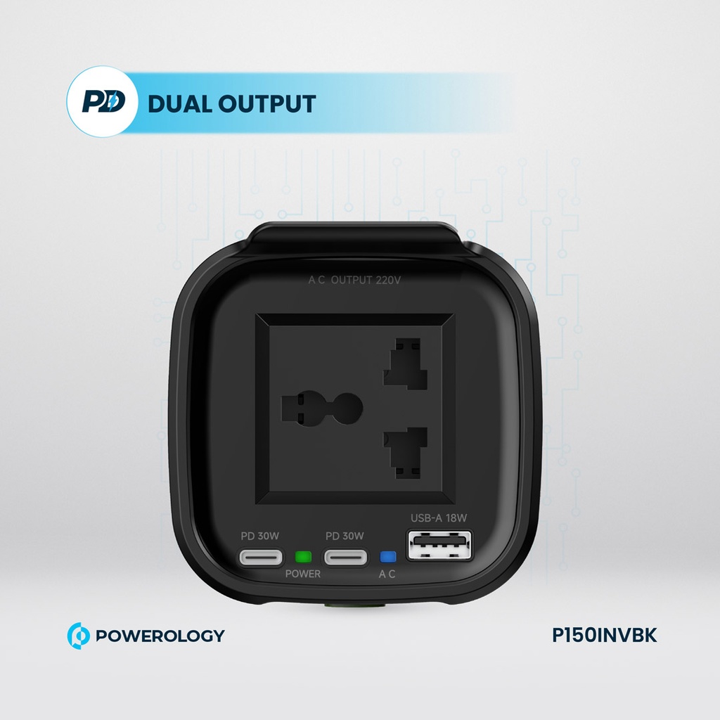 POWEROLOGY POWER INVERTER CUP HOLDER 150W 30 PD DUAL USB C & USB A QC3.0 BLACK P150INVBK thumbnail 3