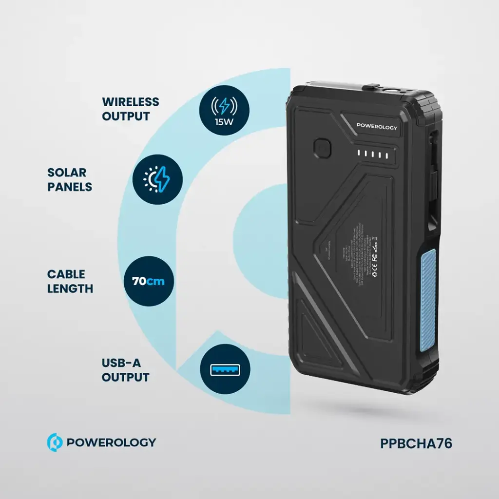 POWEROLOGY 20000MAH SOLAR WIRELESS CHARGING POWERBANK BLACK PPBCHA76 thumbnail 4
