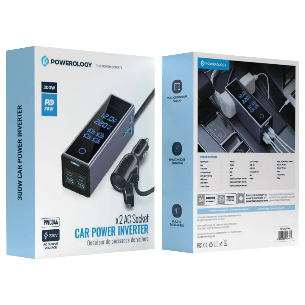 POWEROLOGY 2AC SOCKET CAR POWER INVERTER 300W PD36W BLACK PWCUQC044 thumbnail 4