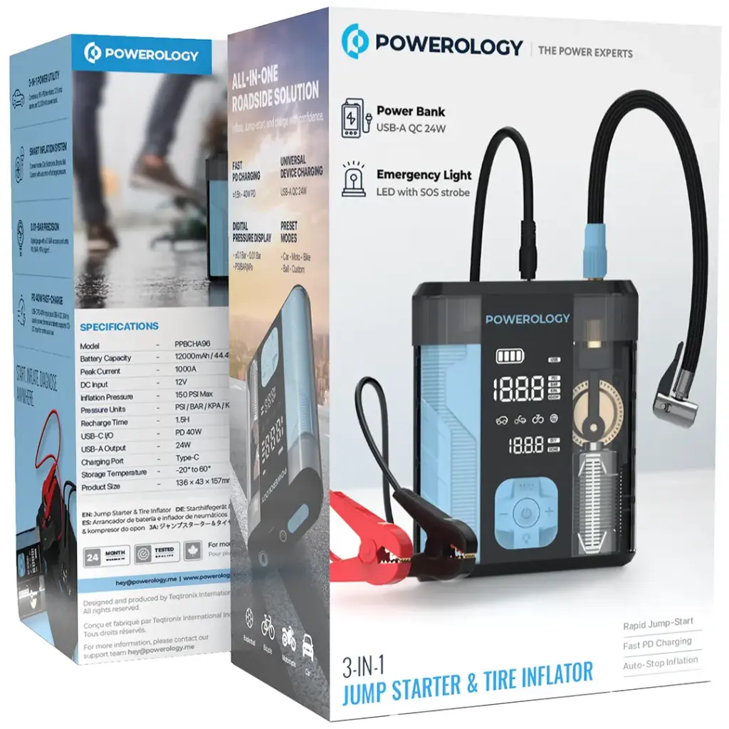 POWEROLOGY 3 IN 1 JUMP STARTER & TIRE INFLATOR BLACK/BLUE PPBCHA96BKBU thumbnail 6