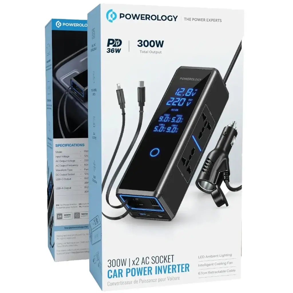 POWEROLOGY 300W X2 AC SOCKET CAR POWER INVERTER PD36W BLACK PWCP1300WBK thumbnail 2