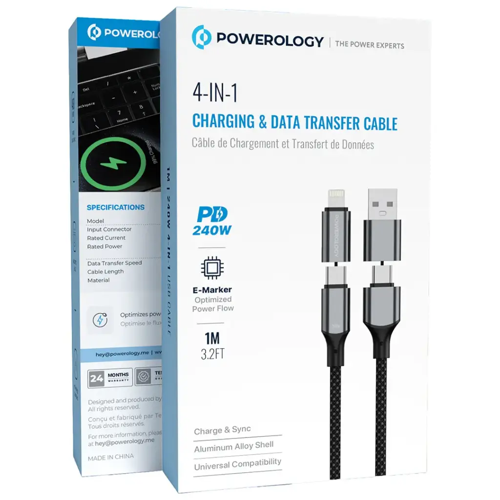 POWEROLOGY 4 IN 1 CHARGING AND DATA TRANSFER CABLE 240W 1M BLACK PWMHZA240WBK thumbnail 2