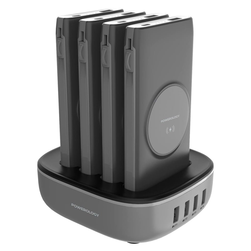 POWEROLOGY 4 IN 1 WIRELESS POWER BANK STATION 10000MAH WITH BUILT CABLE LIGHTNING AND TYPE C 15W PD20W BLACK PPBCHA1041-BK