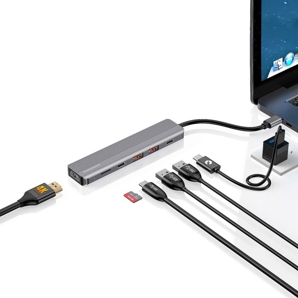 POWEROLOGY 6 IN 1 SLIM 4K HDMI USB C HUB PD 100W USB MICRO SD GRAY P61HBCGY
