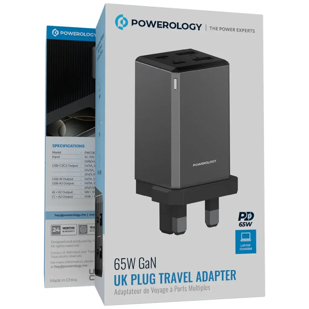 POWEROLOGY 65W GAN UK PLUG TRAVEL ADAPTER GRAY PWCUQC063GR thumbnail 2