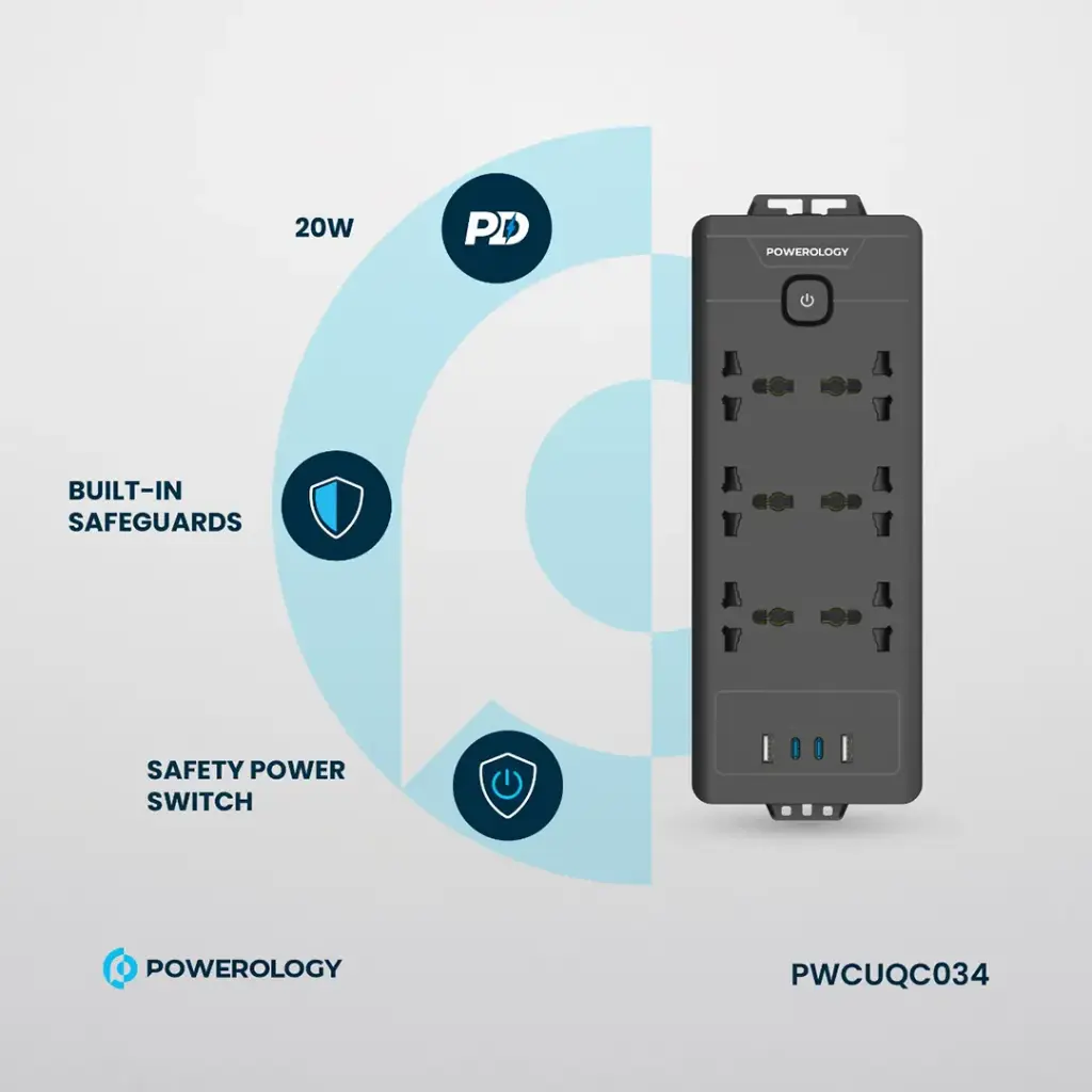 POWEROLOGY 6AC 2500W POWER STRIP BLACK PWCUQC034 thumbnail 2