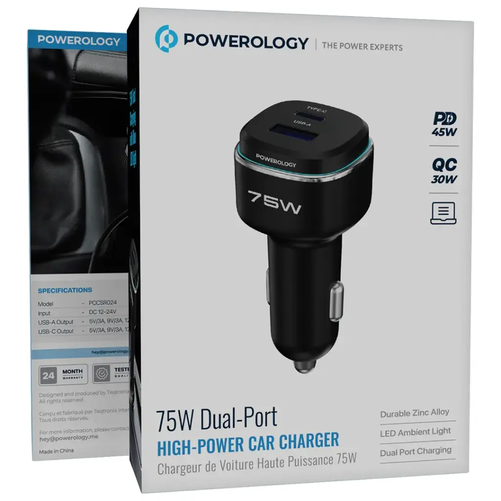 POWEROLOGY 75W DUAL PORT HIGH POWER CAR CHARGER PD45W BLACK-BLUE PCCSR024BKBU thumbnail 2