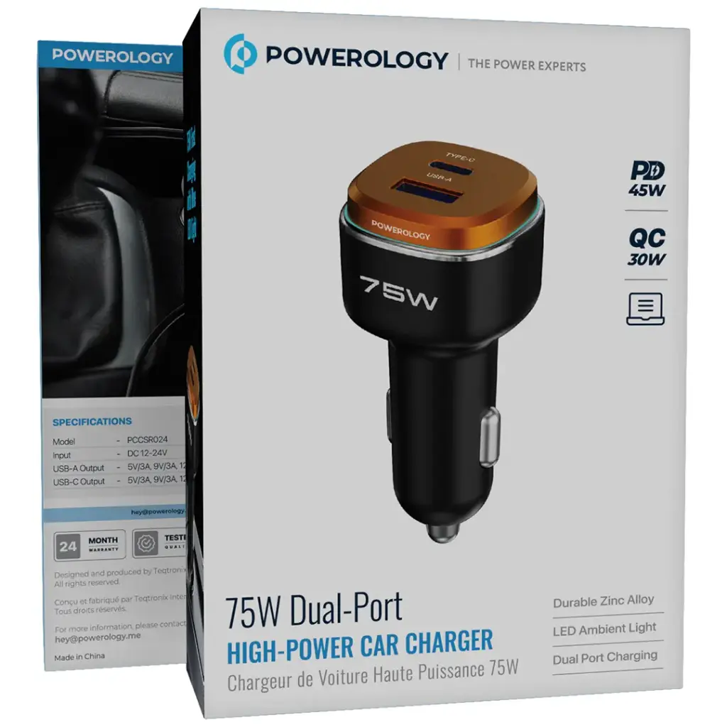 POWEROLOGY 75W DUAL PORT HIGH POWER CAR CHARGER WITH LIGHTNING CABLE BLACK/ORANGE PCCSR024BKOGL thumbnail 2