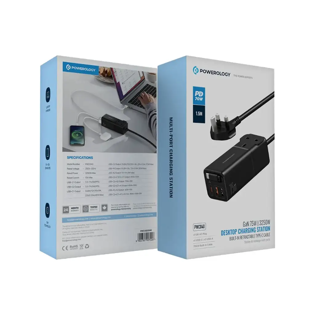 POWEROLOGY GAN 75W 3250W DESKTOP CHARGING STATION BUILT IN TYPE C CABLE BLACK PWCUQC040 thumbnail 2