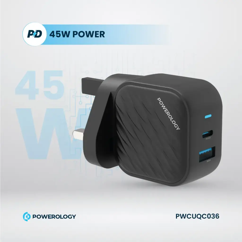 POWEROLOGY GAN DUAL PORT WALL CHARGER BLACK PWCUQC036 thumbnail 6