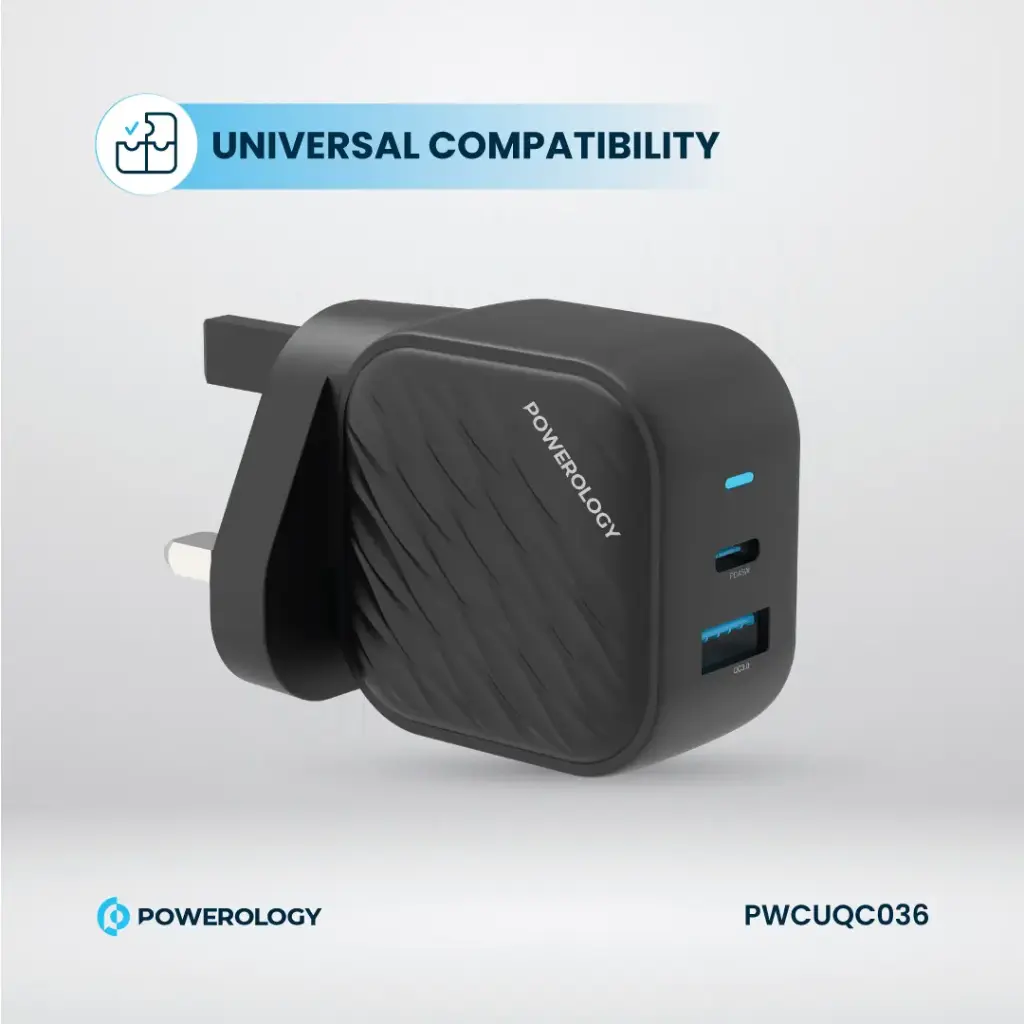 POWEROLOGY GAN DUAL PORT WALL CHARGER BLACK PWCUQC036 thumbnail 5