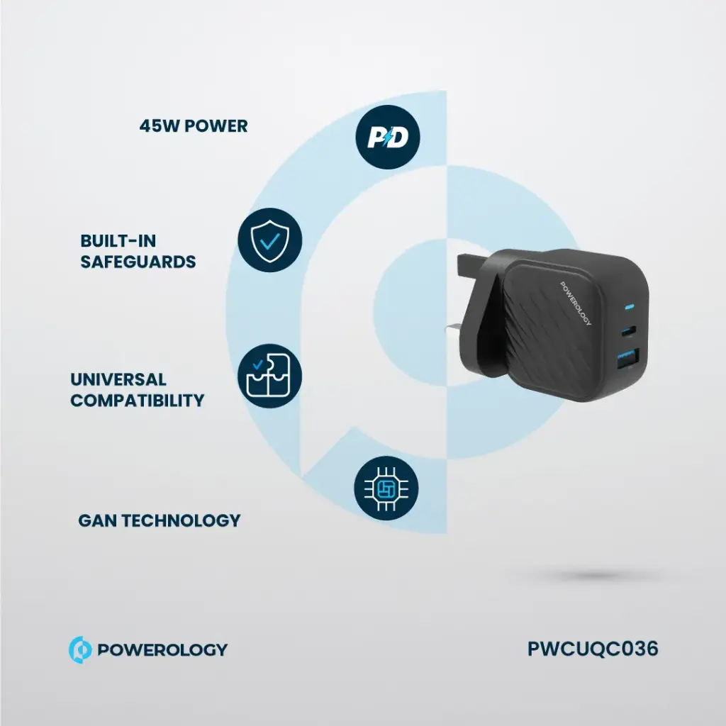 POWEROLOGY GAN DUAL PORT WALL CHARGER BLACK PWCUQC036 thumbnail 3