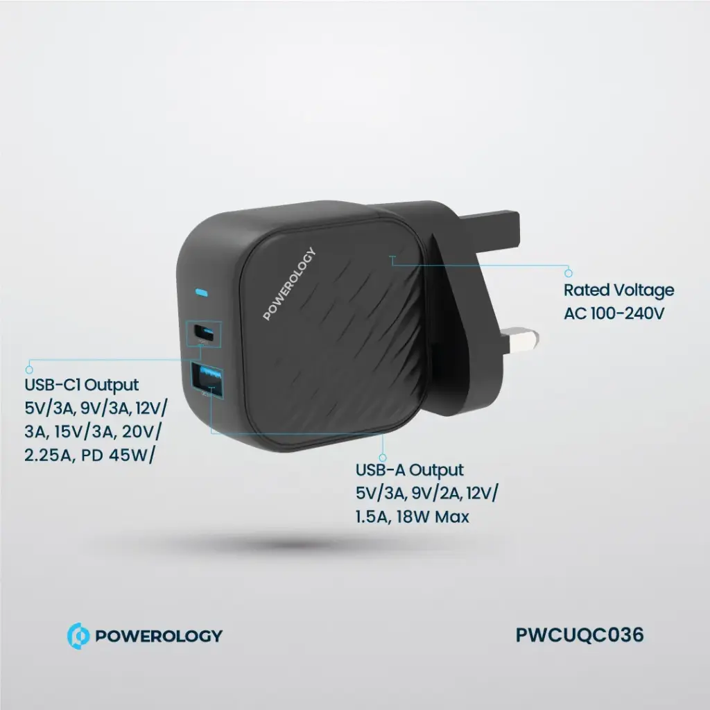 POWEROLOGY GAN DUAL PORT WALL CHARGER BLACK PWCUQC036 thumbnail 2
