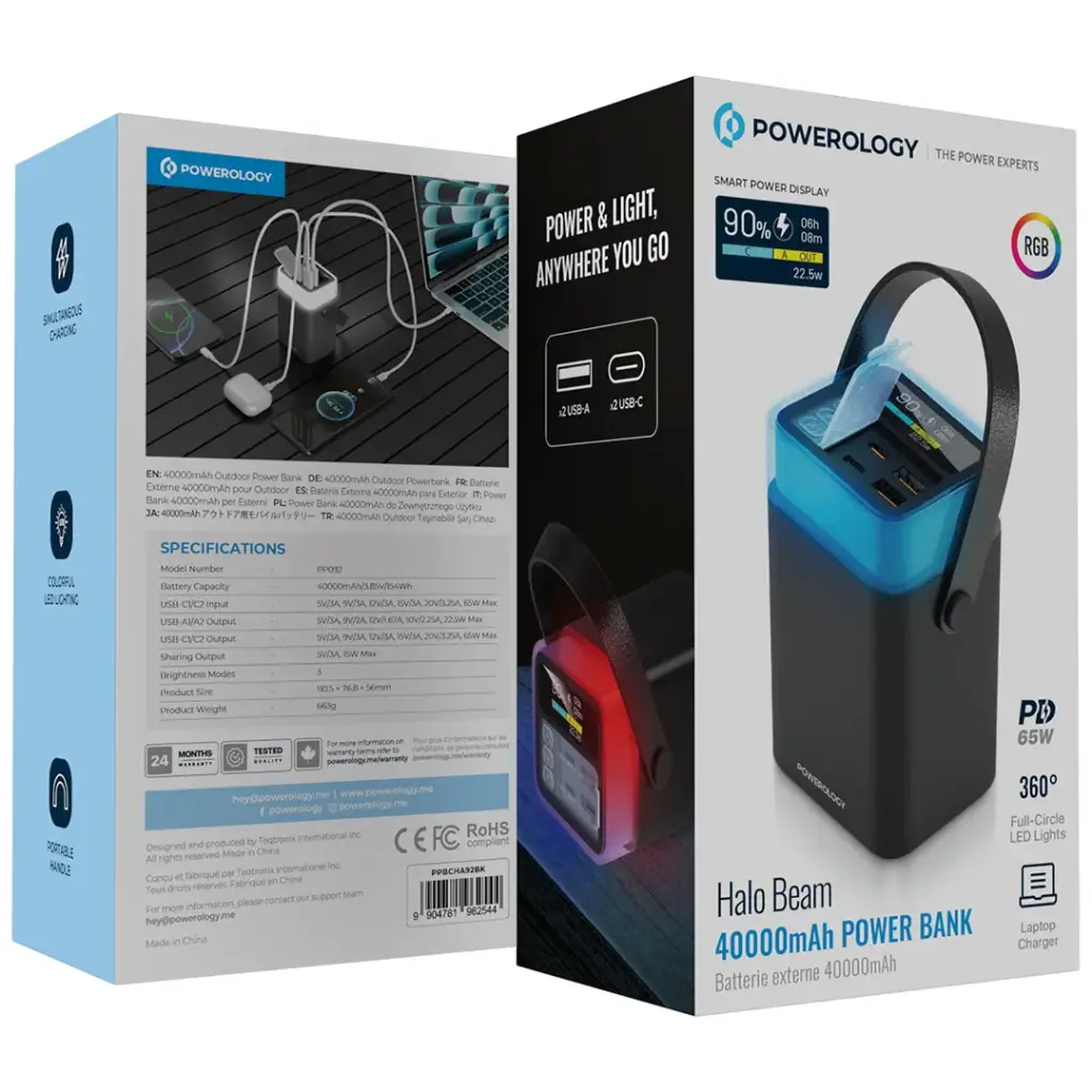 POWEROLOGY HALO BEAM 40000MAH POWERBANK PD65W BLACK PPBCHA92BK thumbnail 6