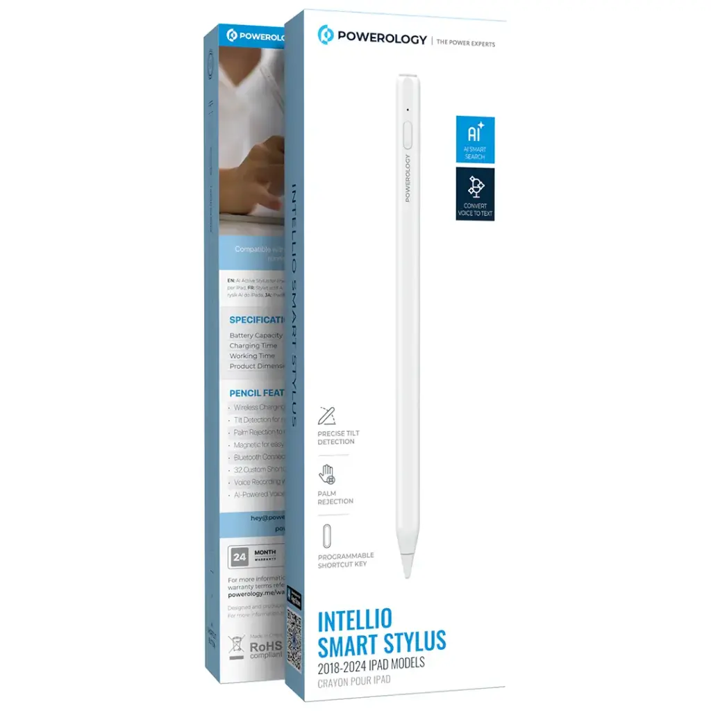 POWEROLOGY INTELLIO SMART STYLUS 2018-2024 IPAD MODELS-WHITE-PAIBSTPNWH thumbnail 2