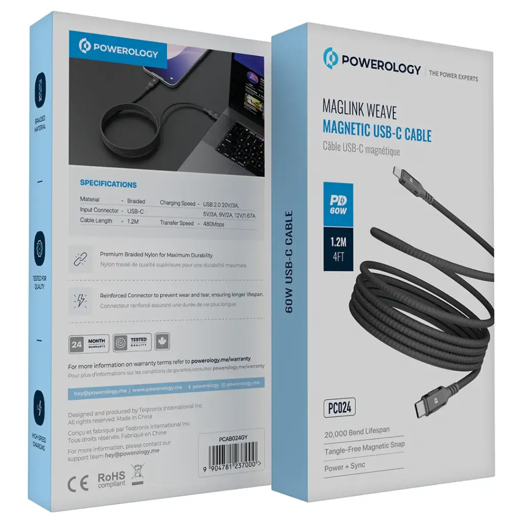 POWEROLOGY MAGLINK WEAVE MAGNETIC USB C TO LIGHTNING CABLE 1.2M BLACK PCAB025GY thumbnail 4