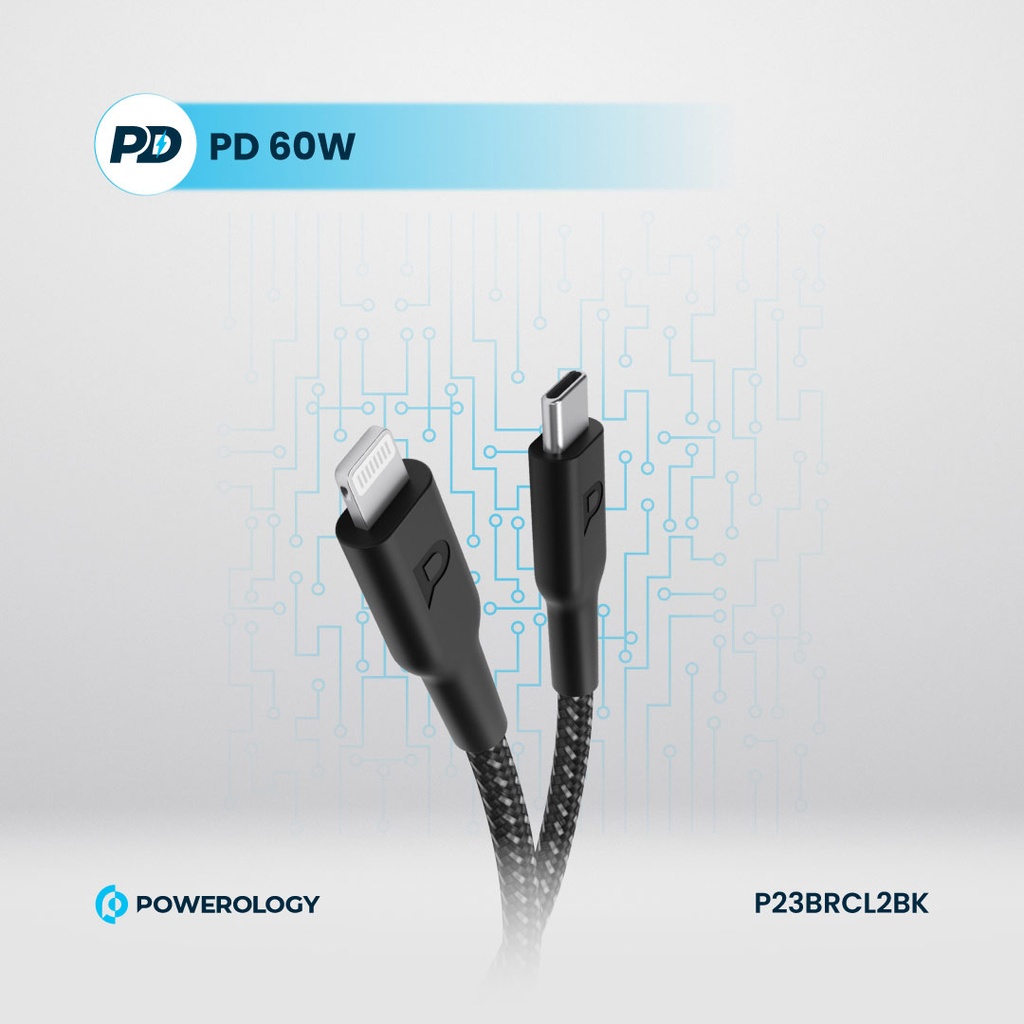 POWEROLOGY BRAIDED USB C TO LIGHTNING CABLE PD60W 2M BLACK P23BRCL2BK thumbnail 5
