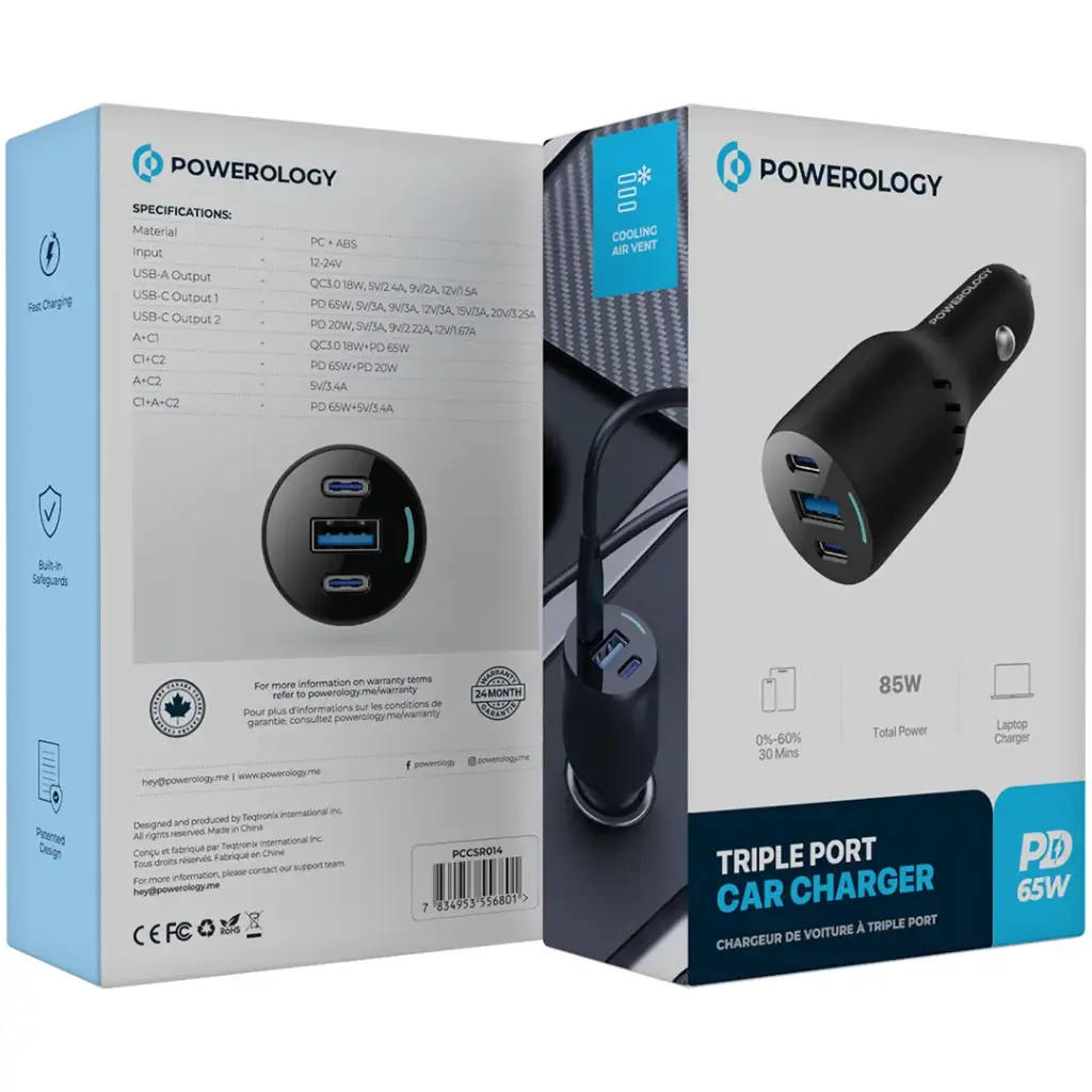 POWEROLOGY TRIPLE PORT 85W CAR CHARGER PD65W BLACK PCCSR014 thumbnail 2