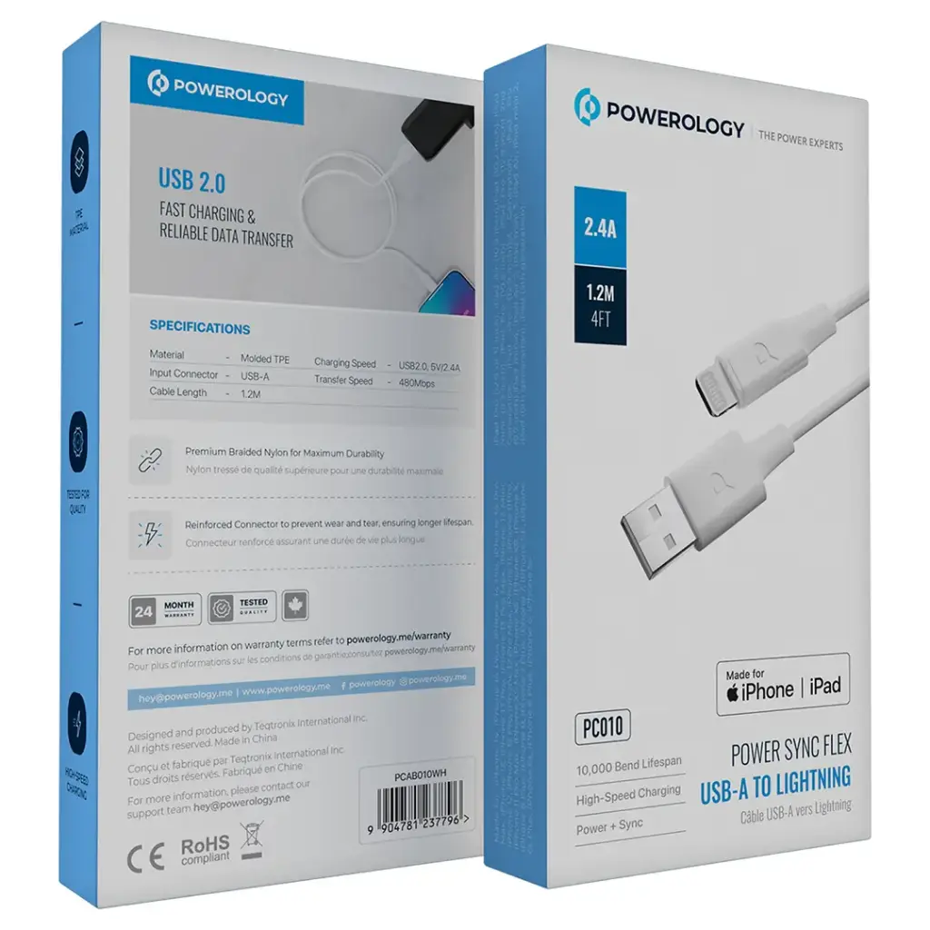 POWEROLOGY POWER SYNC FLEX USB A TO LIGHTNING CABLE 1.2M WHITE PCAB010WH thumbnail 3