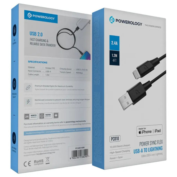 POWEROLOGY POWER SYNC FLEX USB A TO LIGHTNING CABLE 2M BLACK PCAB011BK thumbnail 2