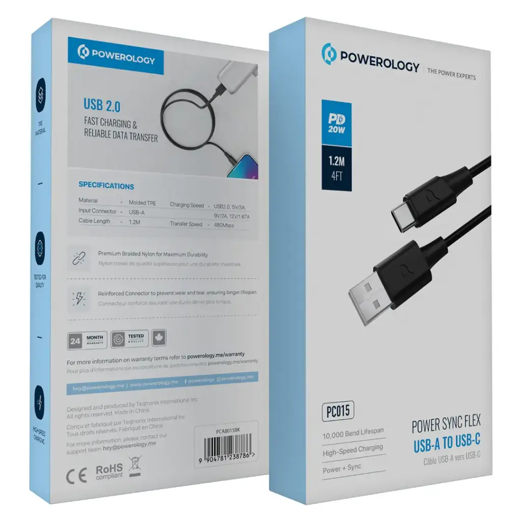 POWEROLOGY POWER SYNC FLEX USB A TO USB C CABLE 1.2M BLACK PCAB015BK thumbnail 3