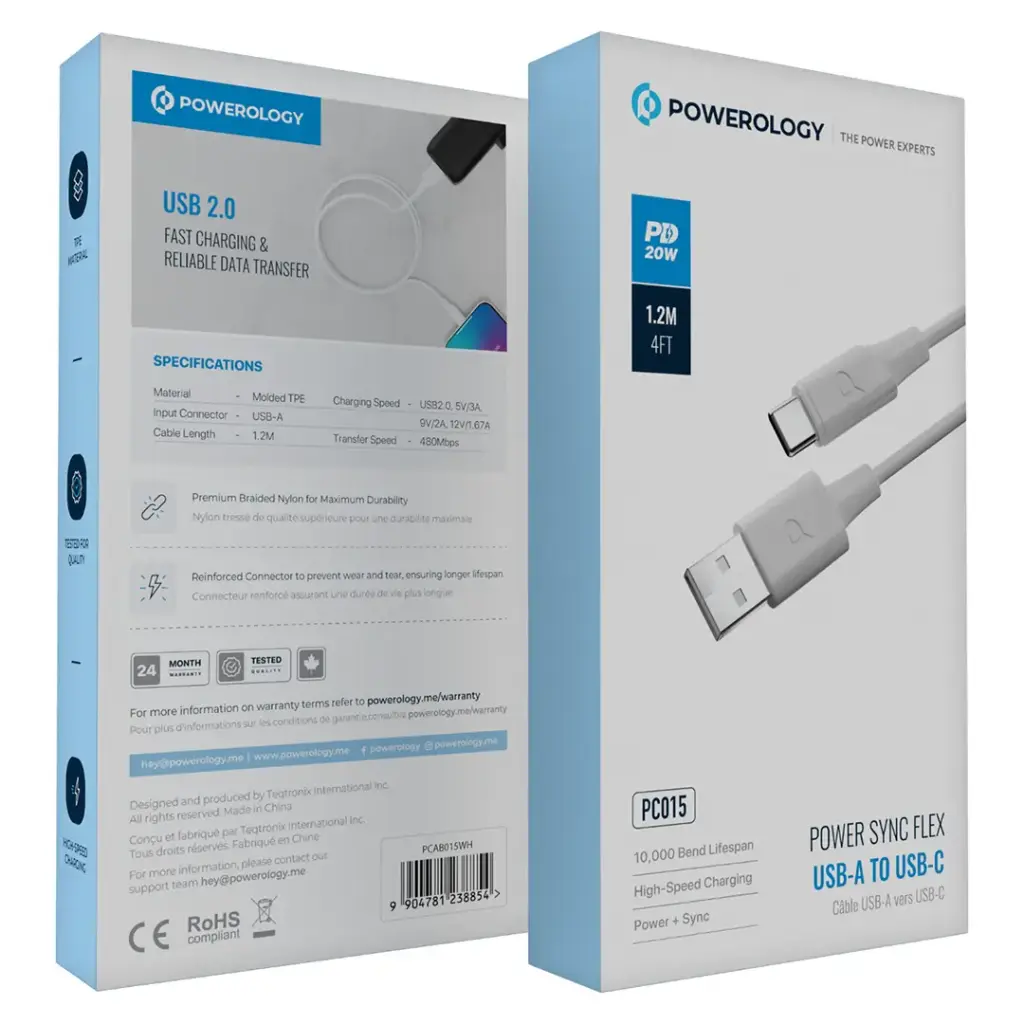 POWEROLOGY POWER SYNC FLEX USB A TO USB C CABLE 1.2M WHITE PCAB015WH thumbnail 3