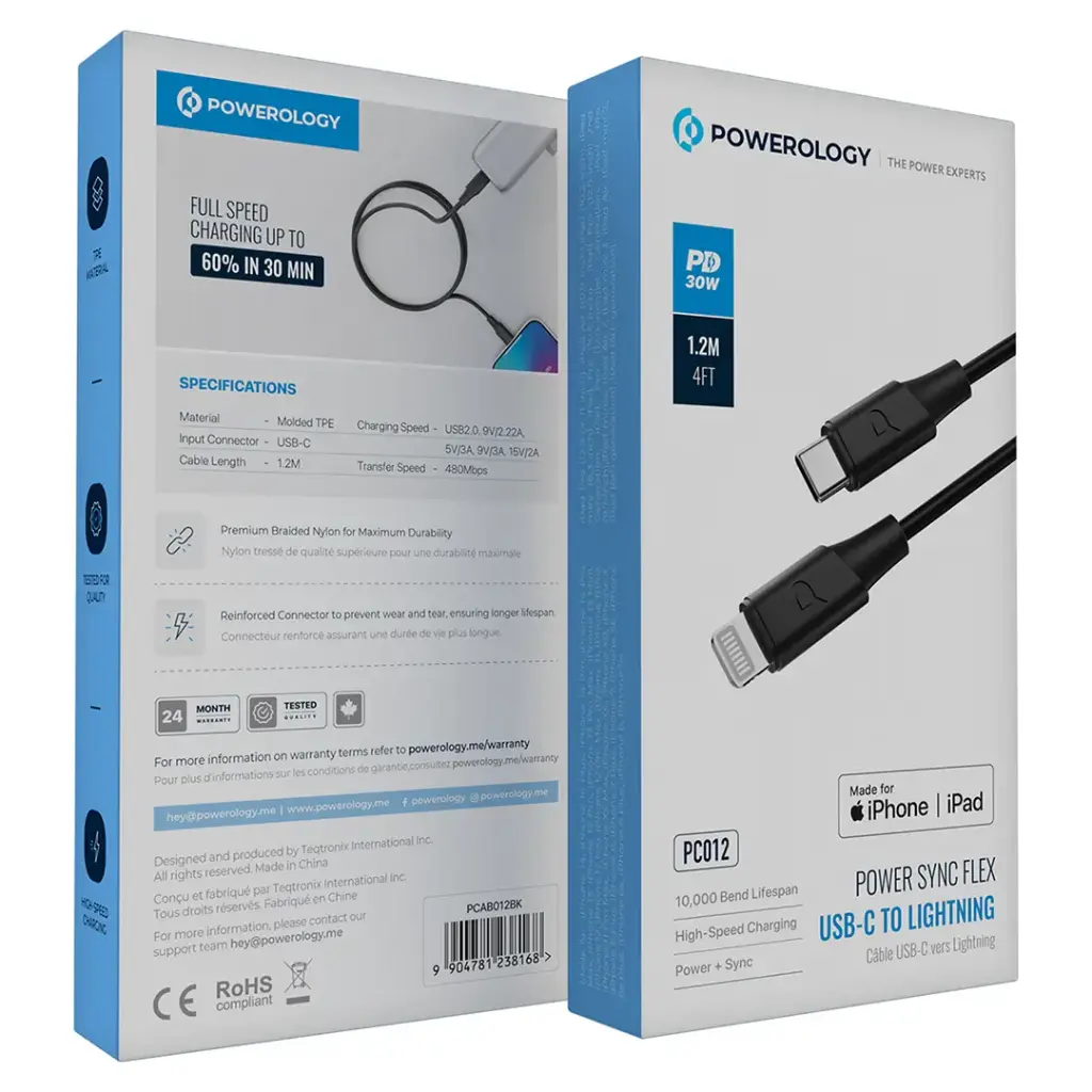 POWEROLOGY POWER SYNC FLEX USB C TO LIGHTNING CABLE 1.2M BLACK PCAB012BK thumbnail 3