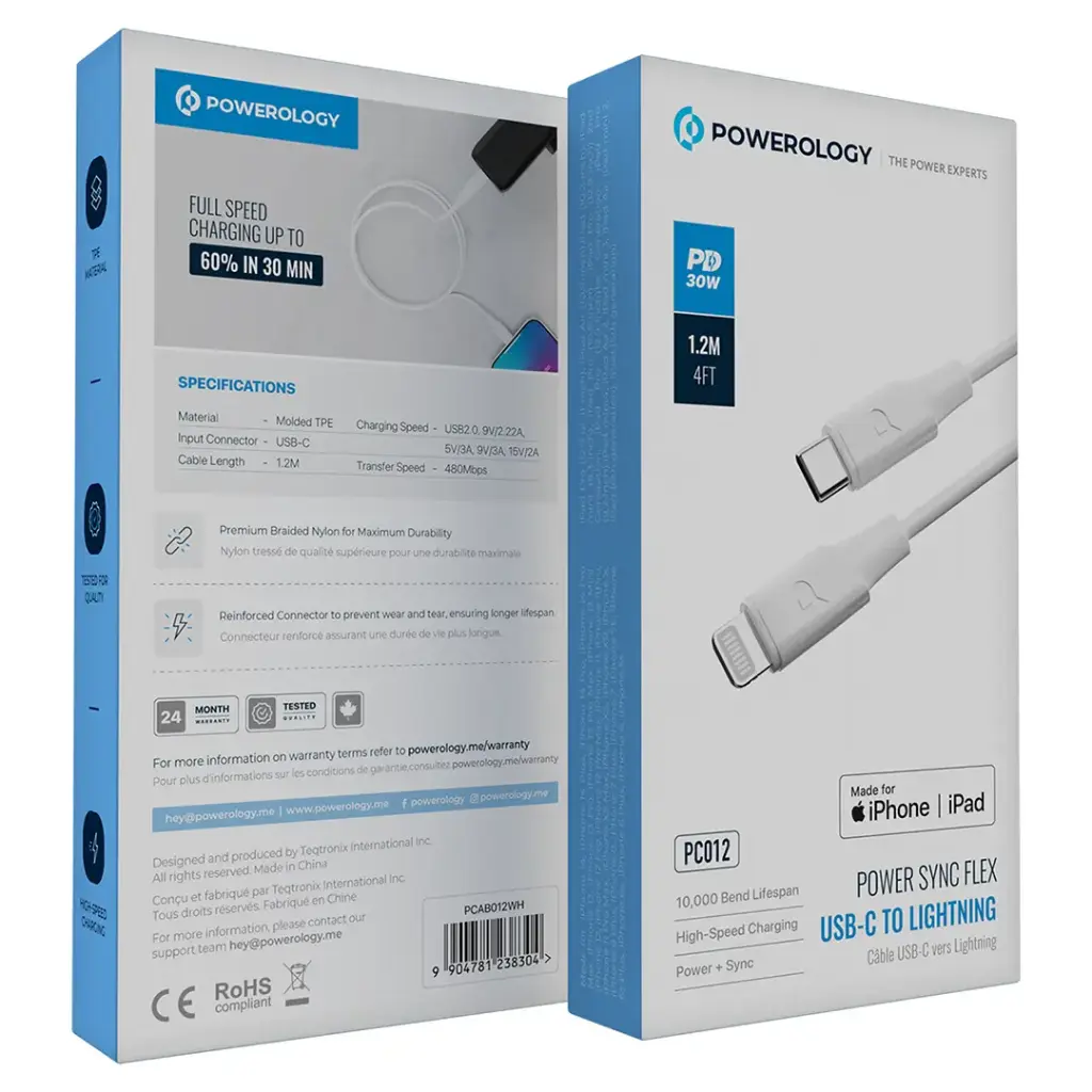 POWEROLOGY POWER SYNC FLEX USB C TO LIGHTNING CABLE 1.2M WHITE PCAB012WH thumbnail 3